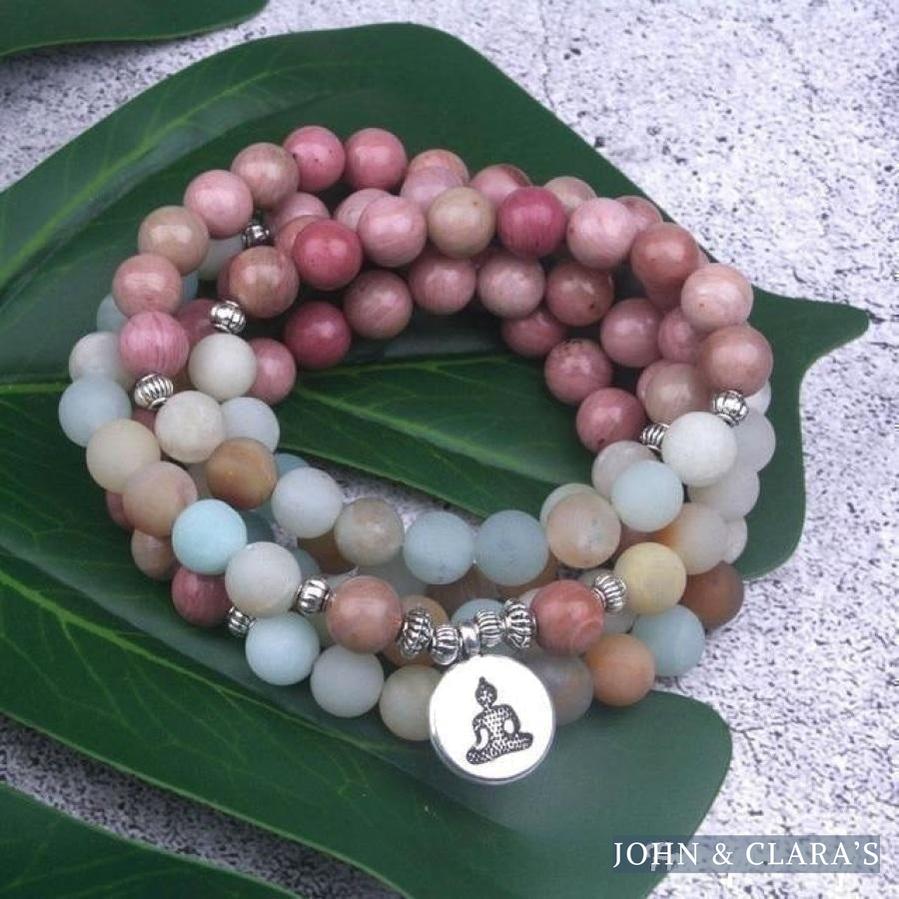 108 Natural Rhodonite and Matte Amazonite Mala Bead Bracelet