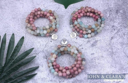 108 Natural Rhodonite and Matte Amazonite Mala Bead Bracelet