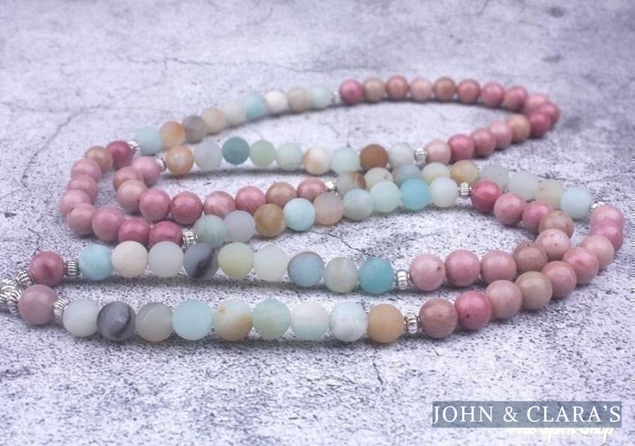 108 Natural Rhodonite and Matte Amazonite Mala Bead Bracelet