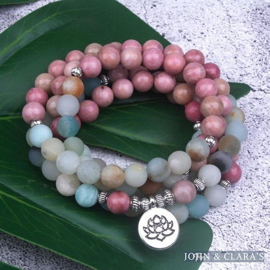 108 Natural Rhodonite and Matte Amazonite Mala Bead Bracelet