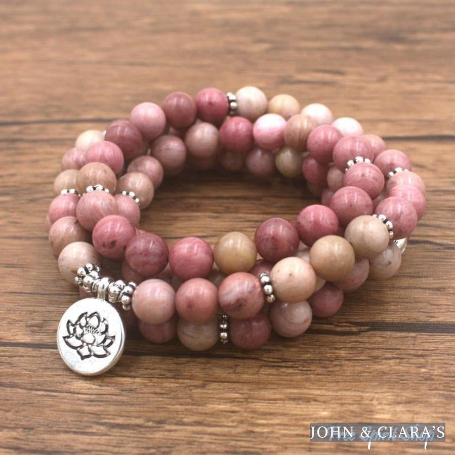 108 Natural Rhodonite Gemstone Mala Bead Bracelet