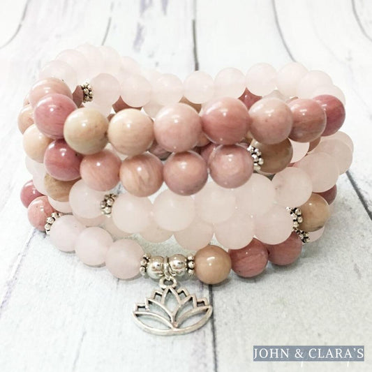 108 Natural Rhodonite & Rose Quartz Lotus Mala Beads