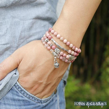 108 Natural Rhodonite & Spiritual Charms Mala Beads