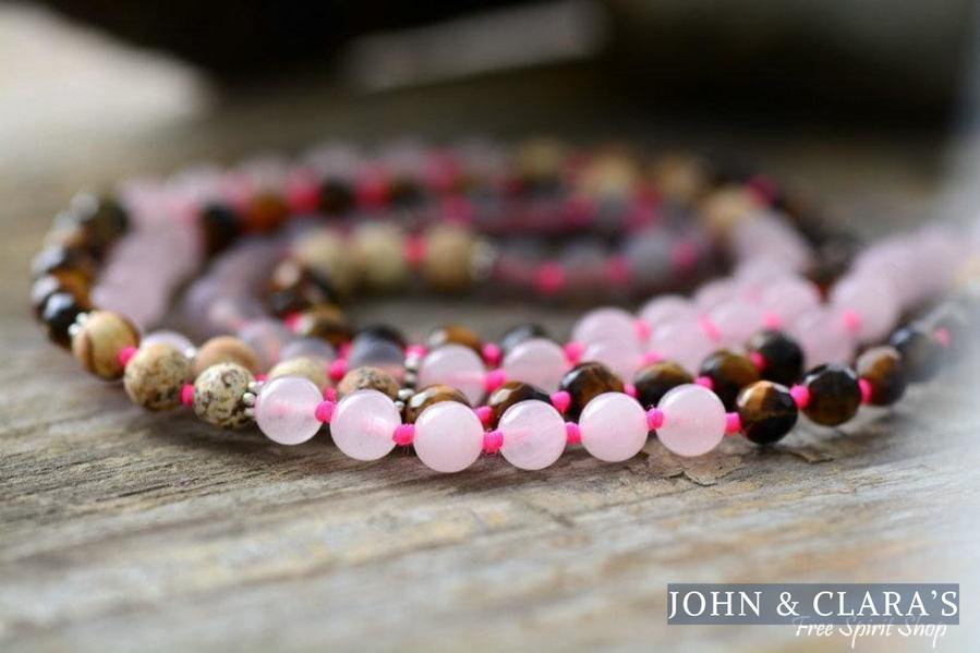 108 Natural Rose Quartz Tiger Eye Jasper Gemstone Mala Bead Necklace