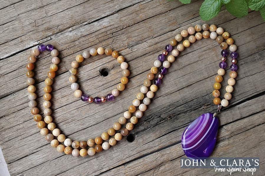 108 Natural Sunstone Amethyst & Purple Agate Mala Bead Necklace / Bracelet