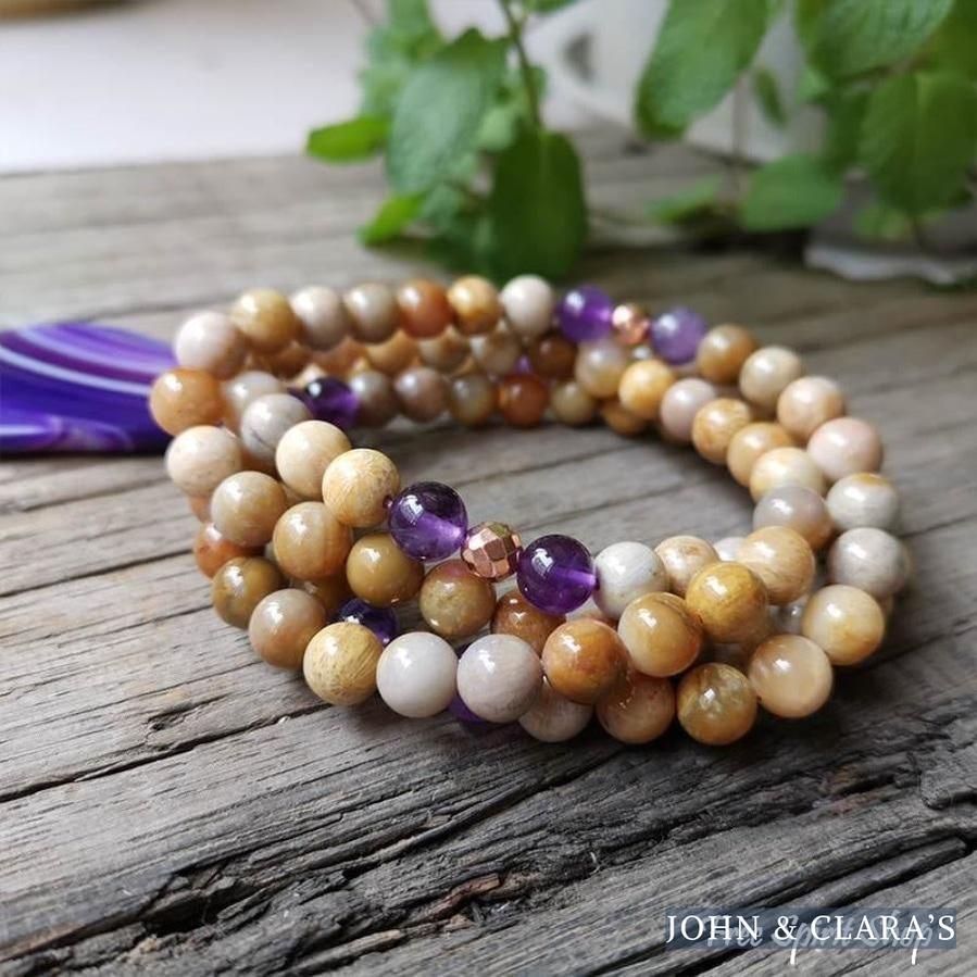 108 Natural Sunstone Amethyst & Purple Agate Mala Bead Necklace / Bracelet