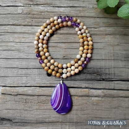 108 Natural Sunstone Amethyst & Purple Agate Mala Bead Necklace / Bracelet