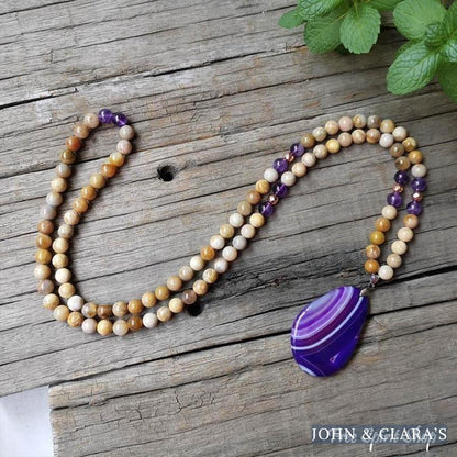 108 Natural Sunstone Amethyst & Purple Agate Mala Bead Necklace / Bracelet