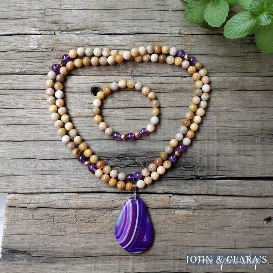 108 Natural Sunstone Amethyst & Purple Agate Mala Bead Necklace / Bracelet