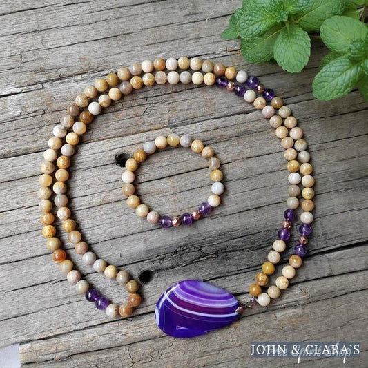 108 Natural Sunstone Amethyst & Purple Agate Mala Bead Necklace / Bracelet