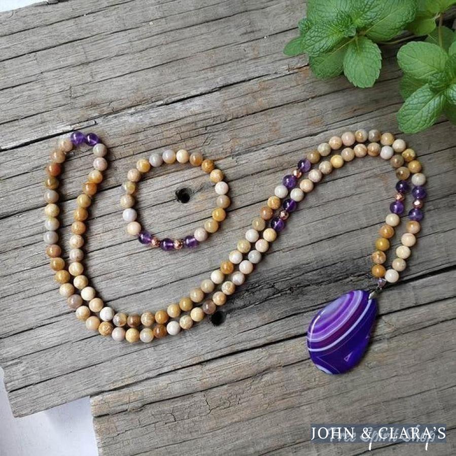 108 Natural Sunstone Amethyst & Purple Agate Mala Bead Necklace / Bracelet