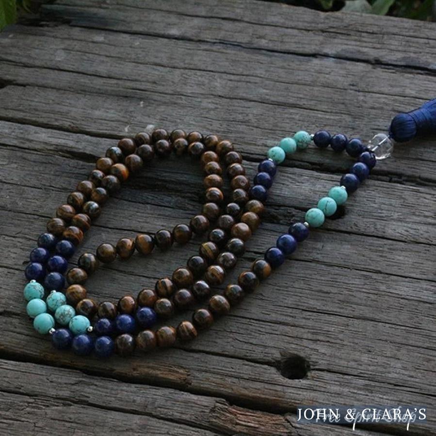 108 Natural Tiger Eye & Lapis Lazuli Mala Beads Necklace