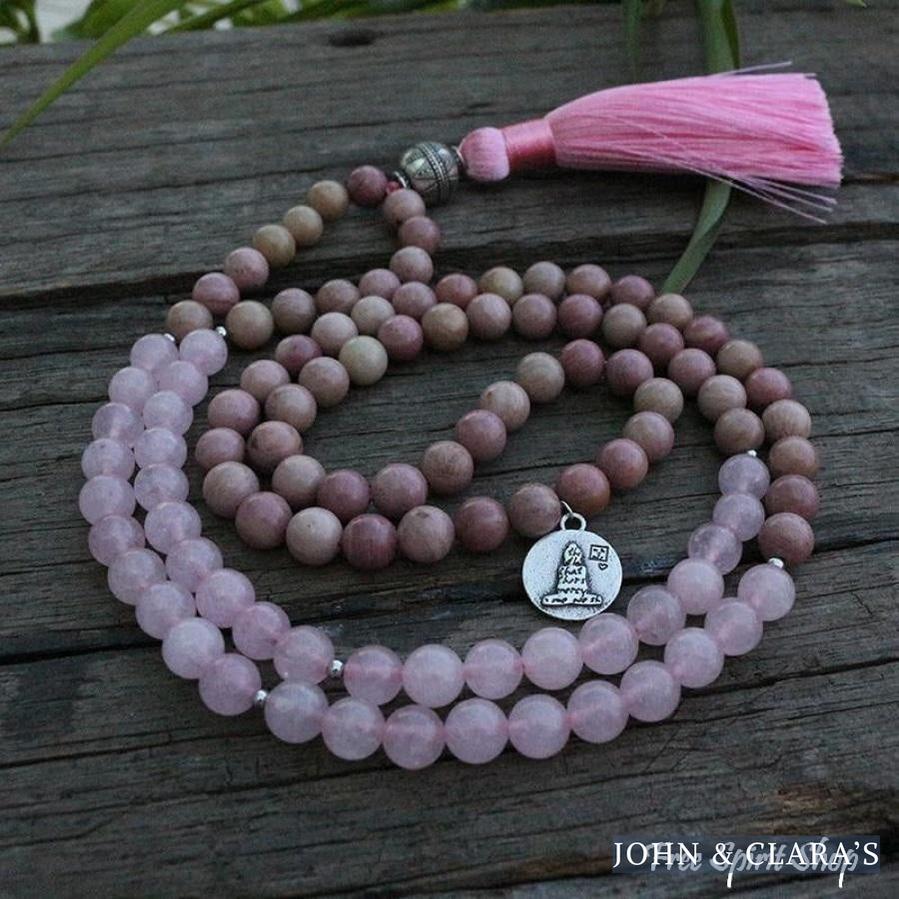 108 Rhodonite & Rose Quartz Mala Beads Necklace
