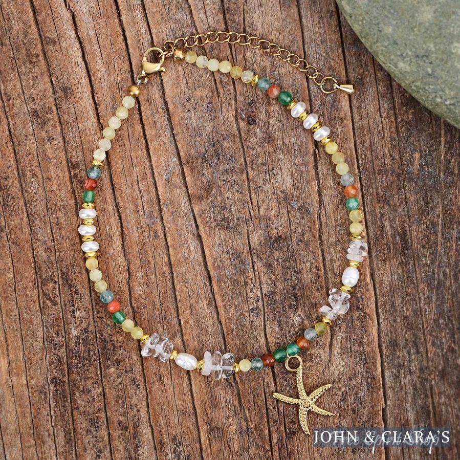 Natural Citrine & Pearl Beaded Anklet with Starfish Charm