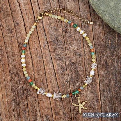 Natural Citrine & Pearl Beaded Anklet with Starfish Charm