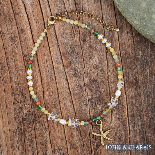 Natural Citrine & Pearl Beaded Anklet with Starfish Charm