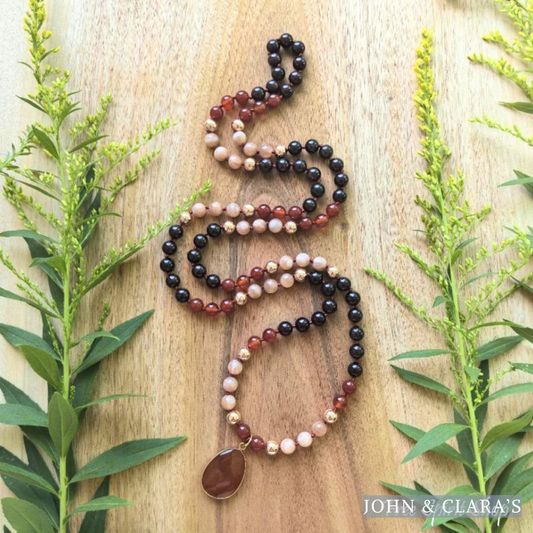 108 Natural Carnelian, Garnet & Sunstone Mala Bead Necklace