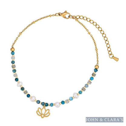 Freshwater Pearl & Apatite Beaded Anklet With Lotus Charm