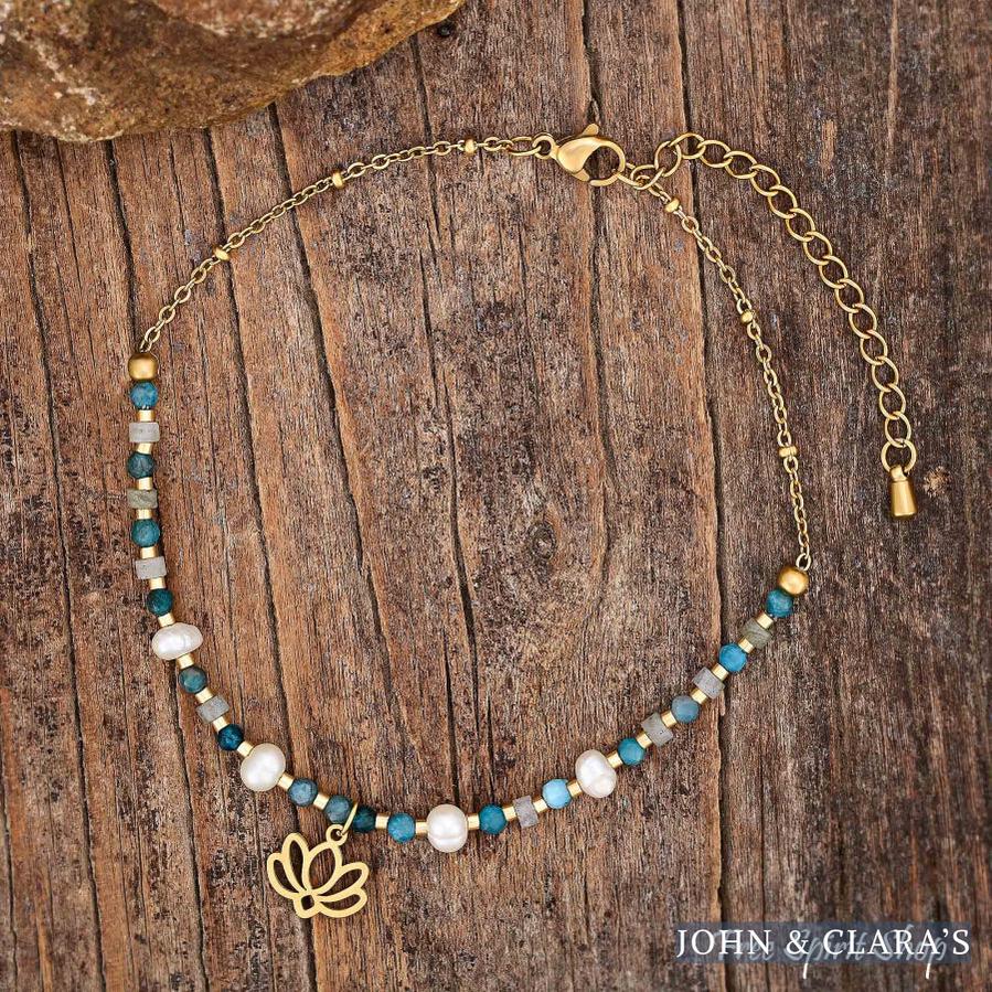 Freshwater Pearl & Apatite Beaded Anklet With Lotus Charm