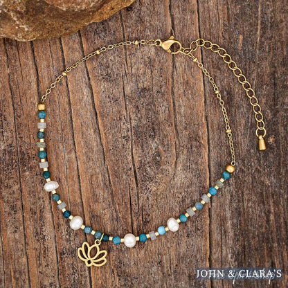 Freshwater Pearl & Apatite Beaded Anklet With Lotus Charm