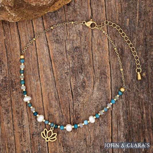 Freshwater Pearl & Apatite Beaded Anklet With Lotus Charm