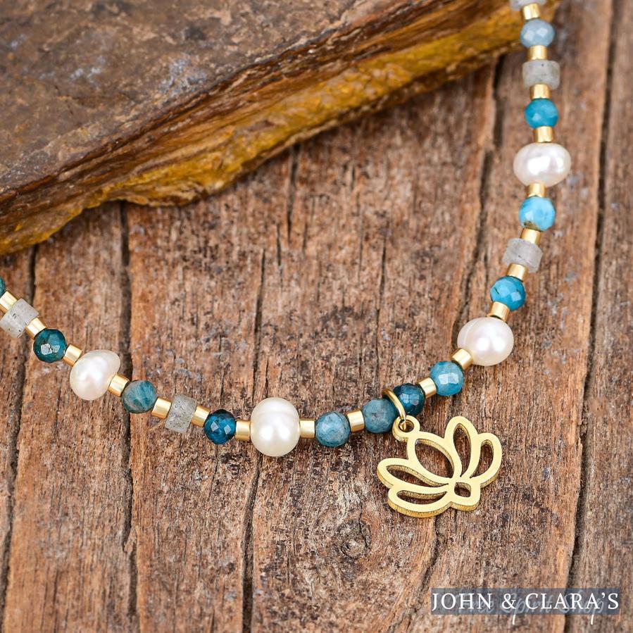 Freshwater Pearl & Apatite Beaded Anklet With Lotus Charm