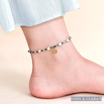 Freshwater Pearl & Apatite Beaded Anklet With Lotus Charm
