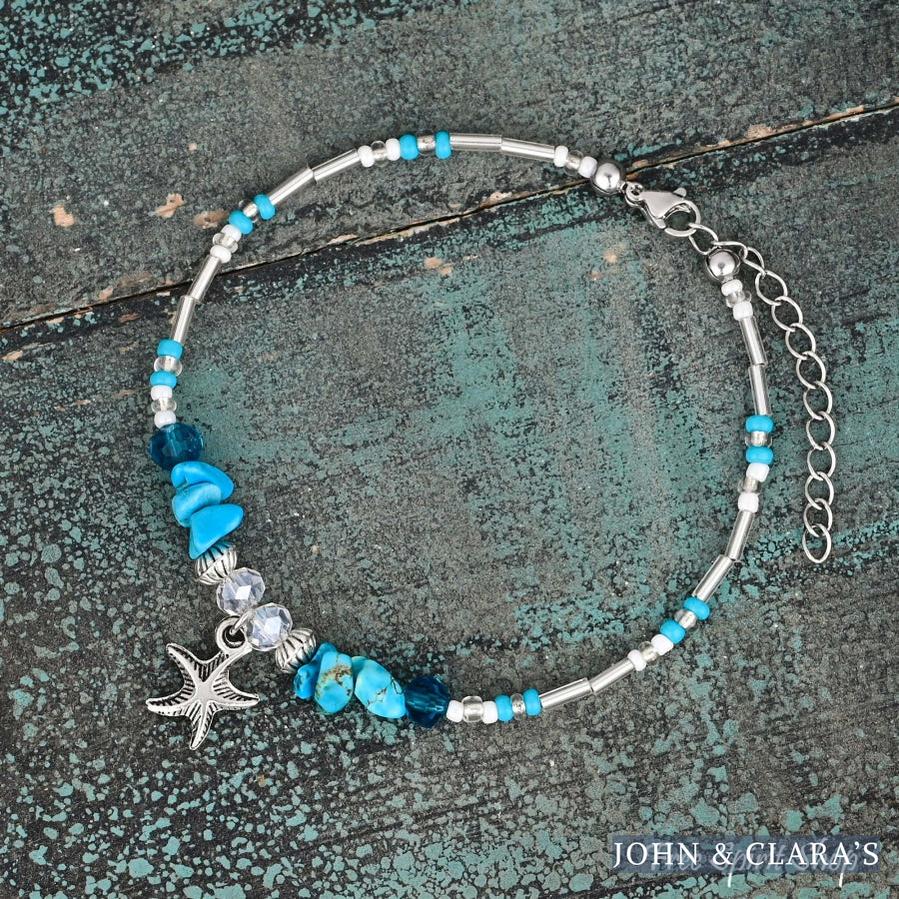 Turquoise & Starfish Charm Beaded Anklet