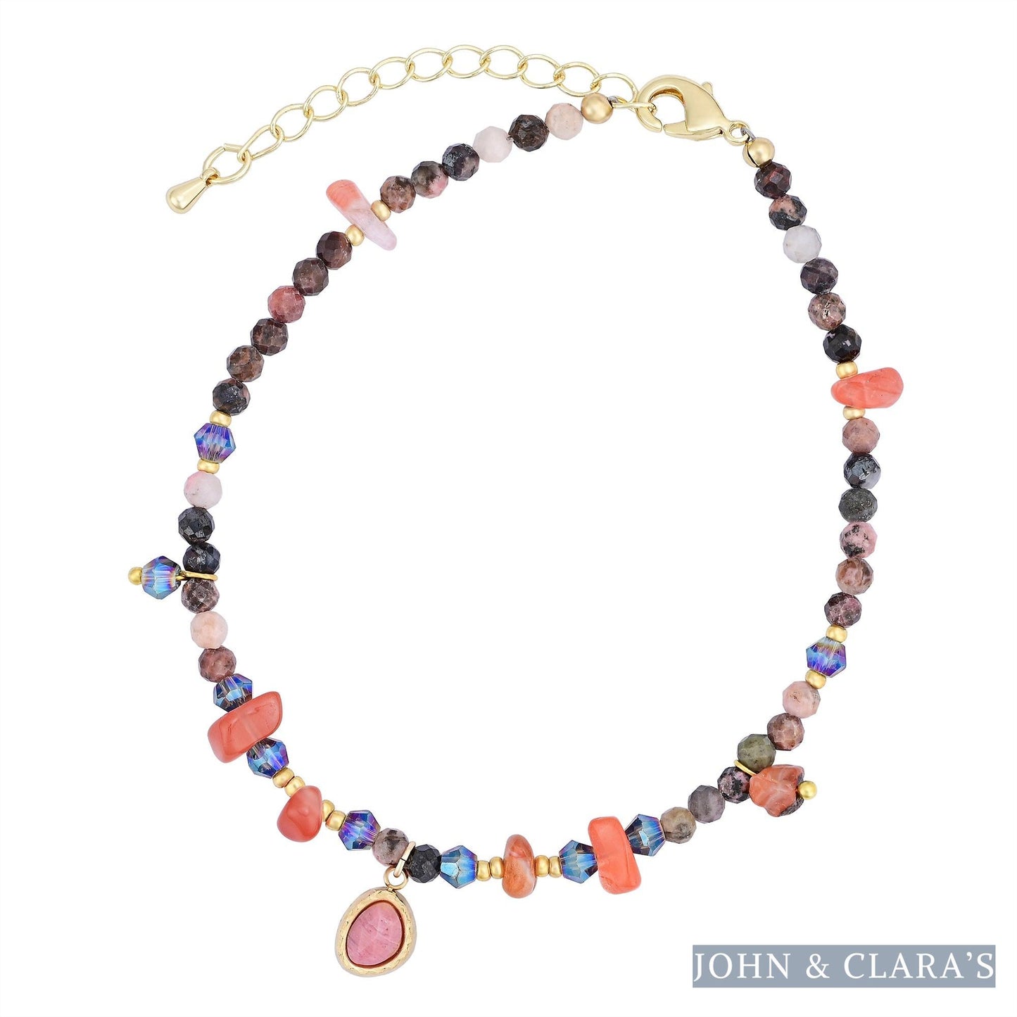 Natural Rhodonite & Carnelian Stone Beaded Anklet