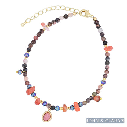 Natural Rhodonite & Carnelian Stone Beaded Anklet