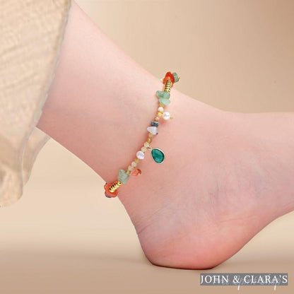 Natural Green Aventurine Unakite & Carnelian Bead Anklet
