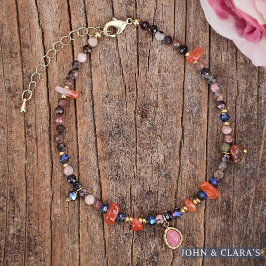 Natural Rhodonite & Carnelian Stone Beaded Anklet