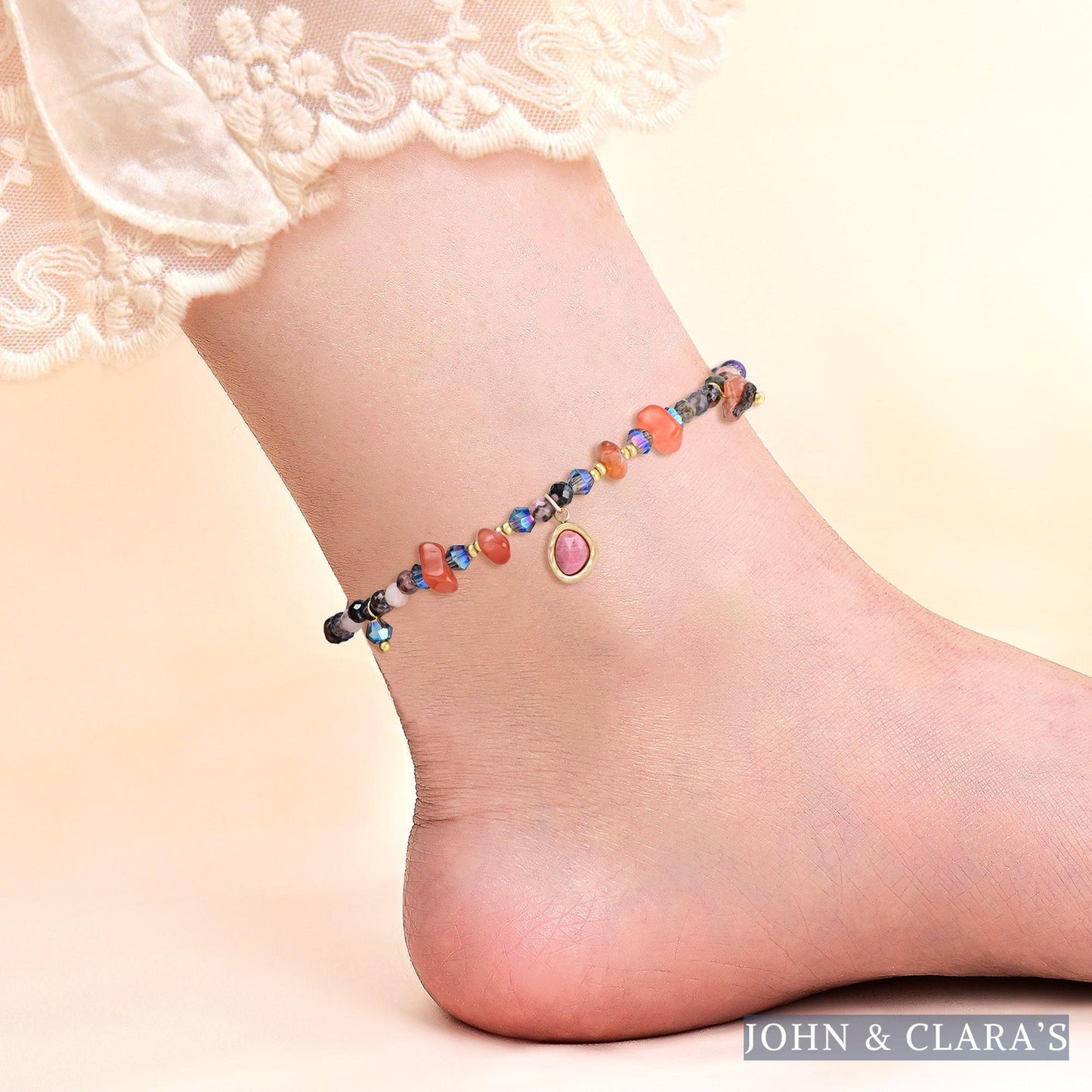 Natural Rhodonite & Carnelian Stone Beaded Anklet