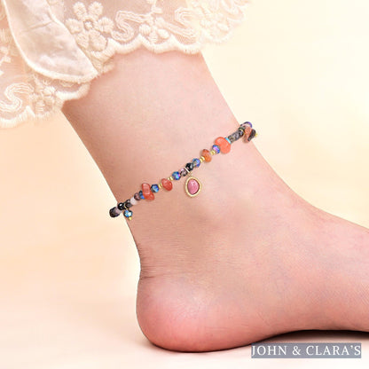 Natural Rhodonite & Carnelian Stone Beaded Anklet