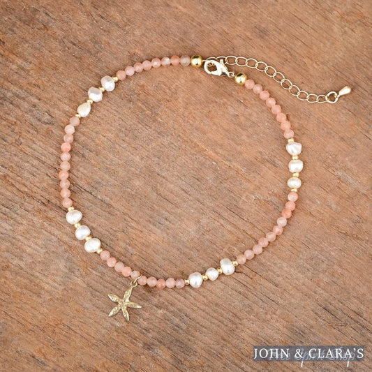 Natural Pink Aventurine & Freshwater Pearl Beaded Anklet
