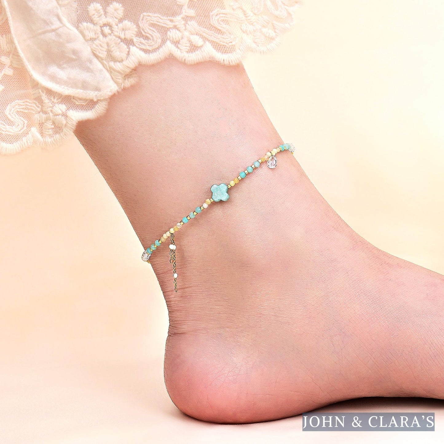 Natural Amazonite Clover & Yellow Citrine Bead Anklet