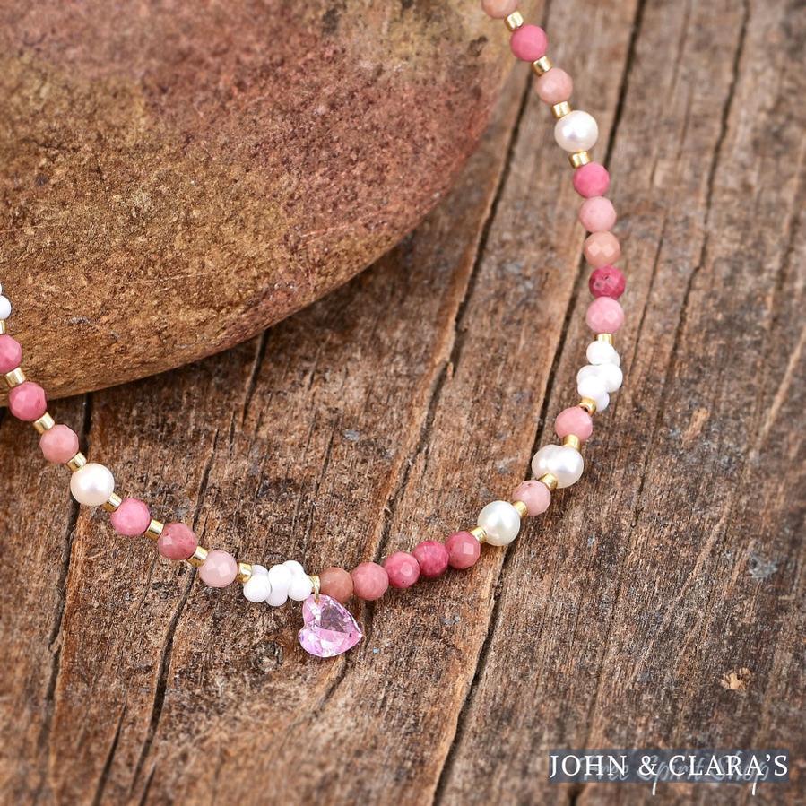 Natural Rhodonite & Pearl Beaded Anklet With Heart Crystal