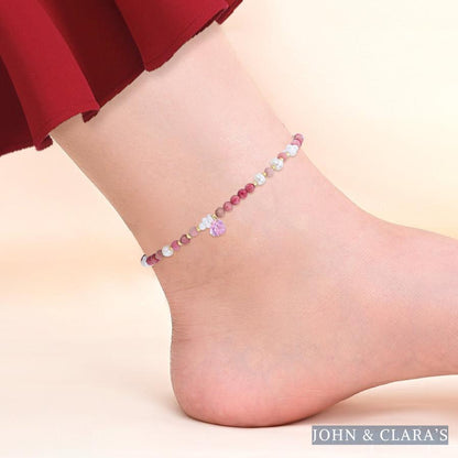 Natural Rhodonite & Pearl Beaded Anklet With Heart Crystal