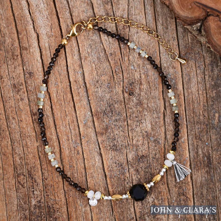 Natural Smoky Quartz & Black Onyx Beaded Anklet
