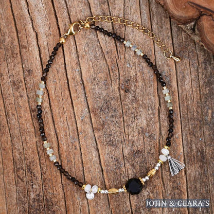 Natural Smoky Quartz & Black Onyx Beaded Anklet