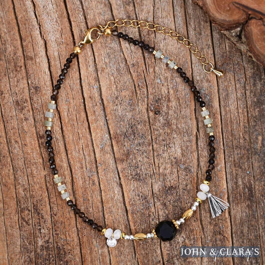 Natural Smoky Quartz & Black Onyx Beaded Anklet