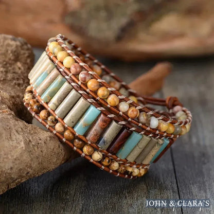 Natural Jasper & Sunflower Charm Leather Wrap Bracelet