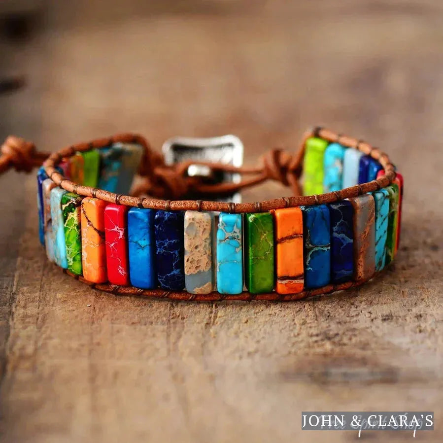 Handmade Rainbow Jasper Leather Wrap Bracelet