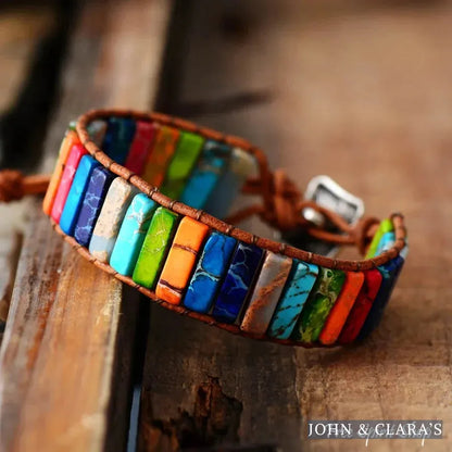 Handmade Rainbow Jasper Leather Wrap Bracelet