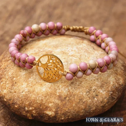 Natural Pink Rhodonite & Tree of Life Bead Bracelet