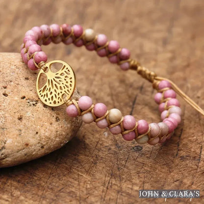 Natural Pink Rhodonite & Tree of Life Bead Bracelet