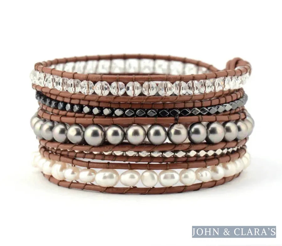 Natural Freshwater Pearl & Hematite Gemstone Leather Wrap Bracelet