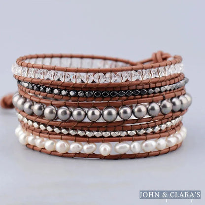 Natural Freshwater Pearl & Hematite Gemstone Leather Wrap Bracelet