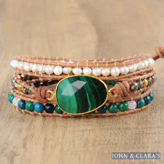 Handmade Malachite Chrysocolla & Pearl Wrap Bracelet