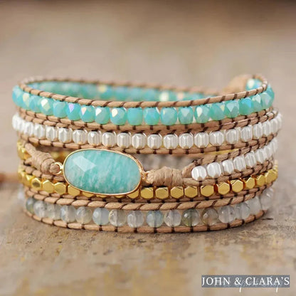 Natural Amazonite & Quartz Bead Wrap Bracelet